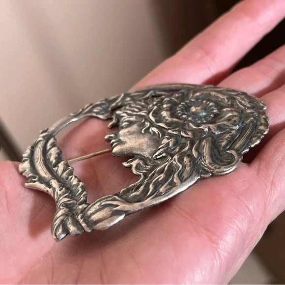 Antique Art Nouveau Art Deco Silver Lady Face Victorian Brooch Fairycore - Picture 12 of 15